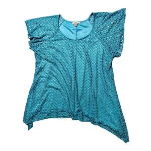 ROZ & ALI Turquoise Crochet Lace Asymmetrical Tunic Top – Size 3X Flutter Sleeve
